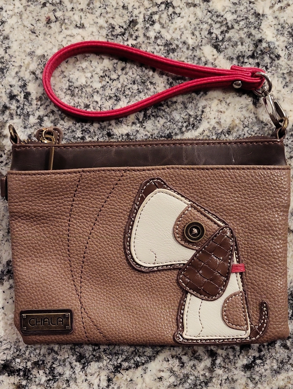 Chala Taupe & Brown Dog Applique Wristlet with Pink Strap